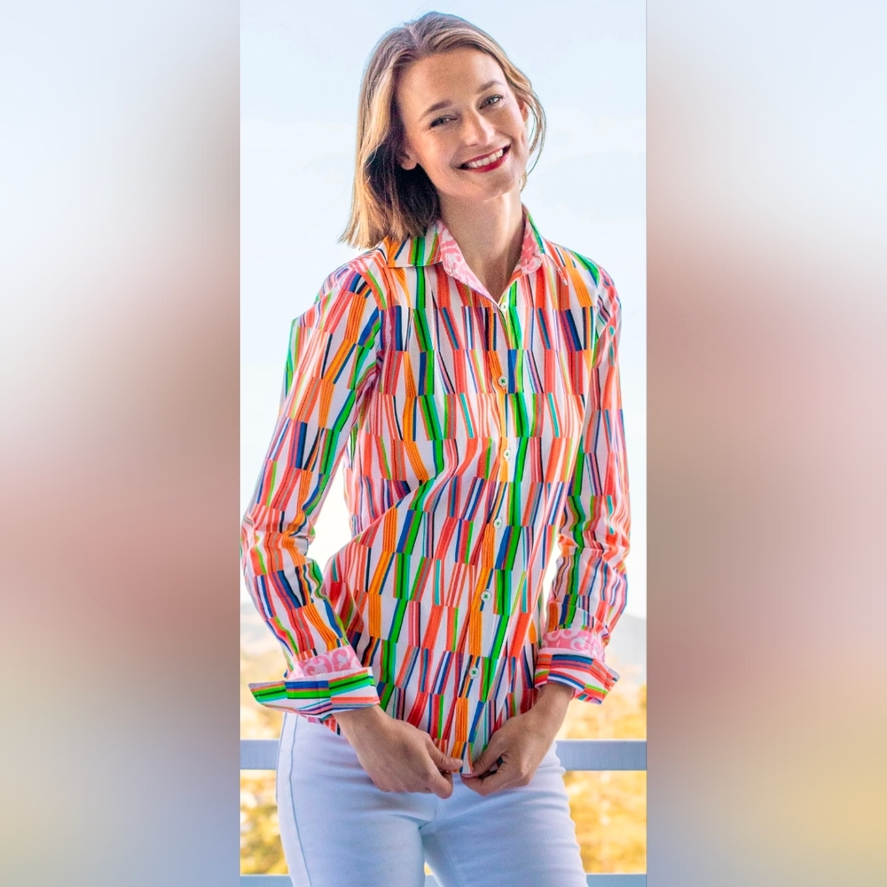 Dizzy Lizzie Rome Button Down Shirt In Multi Color Kaleidoscope Print